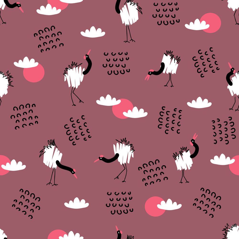 Hand drawn seamless pattern with red crowned cranes. Perfect for T-shirt, textile and print. Doodle vector illustration for decor and design.