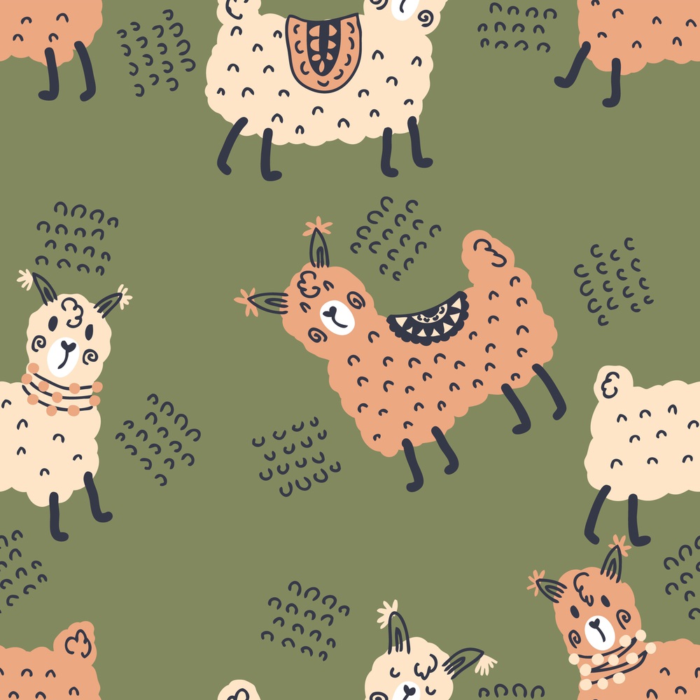 Hand drawn desert seamless pattern of lamas. Perfect for T-shirt, textile and print. Doodle vector illustration for decor and design.