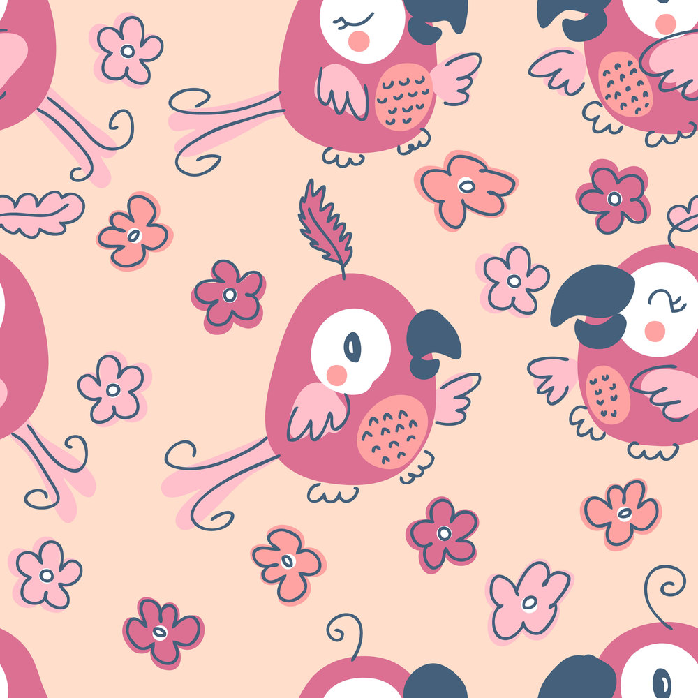 Hand drawn  romantic seamless pattern with parrots and flowers. Perfect for T-shirt, textile and print. Doodle vector illustration for decor and design.Hand drawn  romantic seamless pattern with parrots and flowers. Perfect for T-shirt, textile and print. Doodle vector illustration for decor and design.
