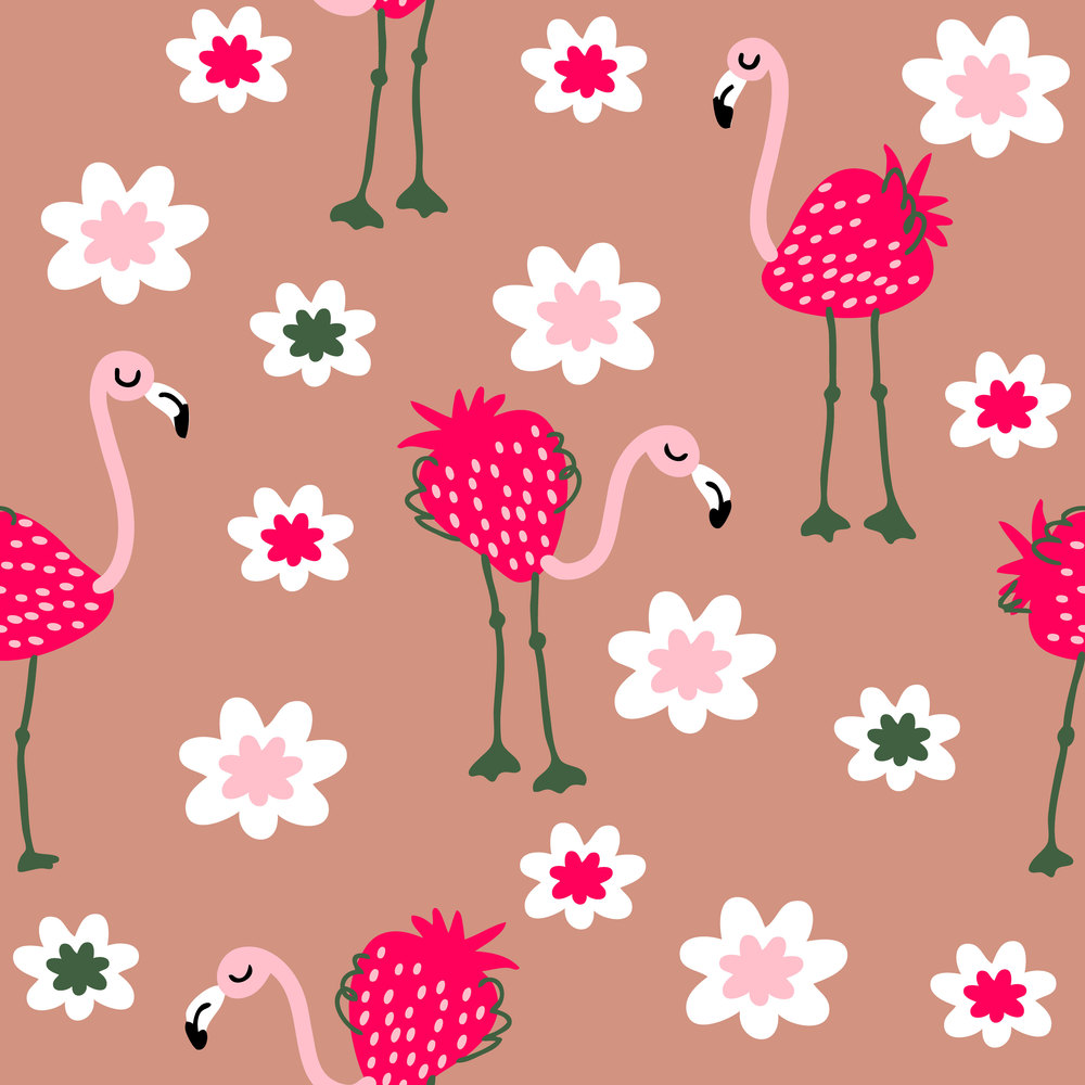 Red strawberry flamingo and flowers seamless pattern. Perfect for T-shirt, textile and print. Hand drawn vector illustration for decor and design.
