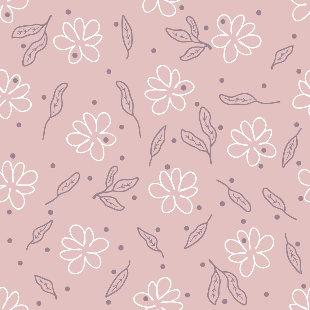 Hand drawn seamless pattern with doodle flowers, leaves and dots. Cute floral print for fabric, paper, stationery. Doodle vector illustration for decor and design.