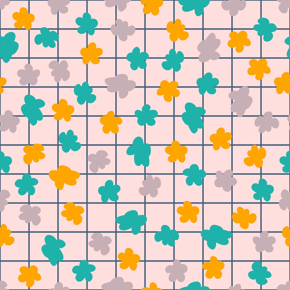 Grid retro seamless pattern with simple flowers in 1970s style. Floral background for T-shirt, poster, card and print. Doodle vector illustration for decor and design.