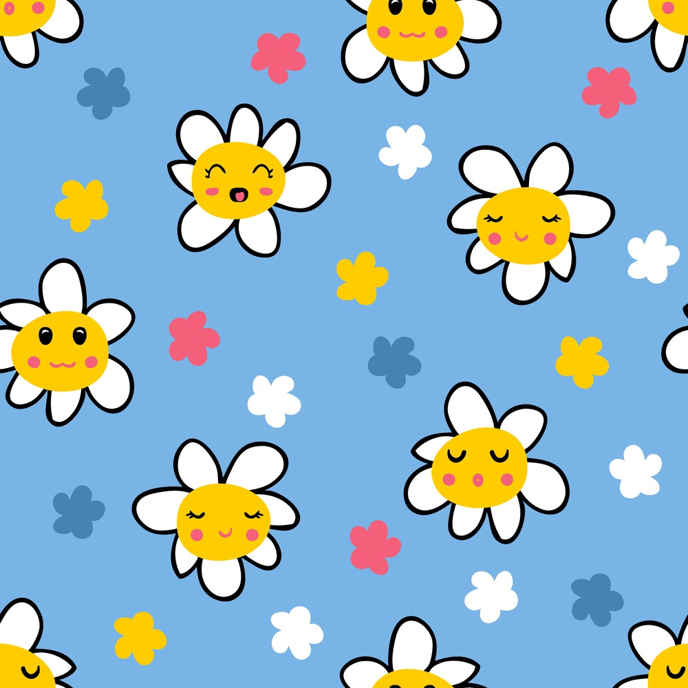 Daisy flowers seamless pattern with cartoon funny faces. Cute chamomile characters print with happy emotions. Kids floral vector illustration for decor and design.