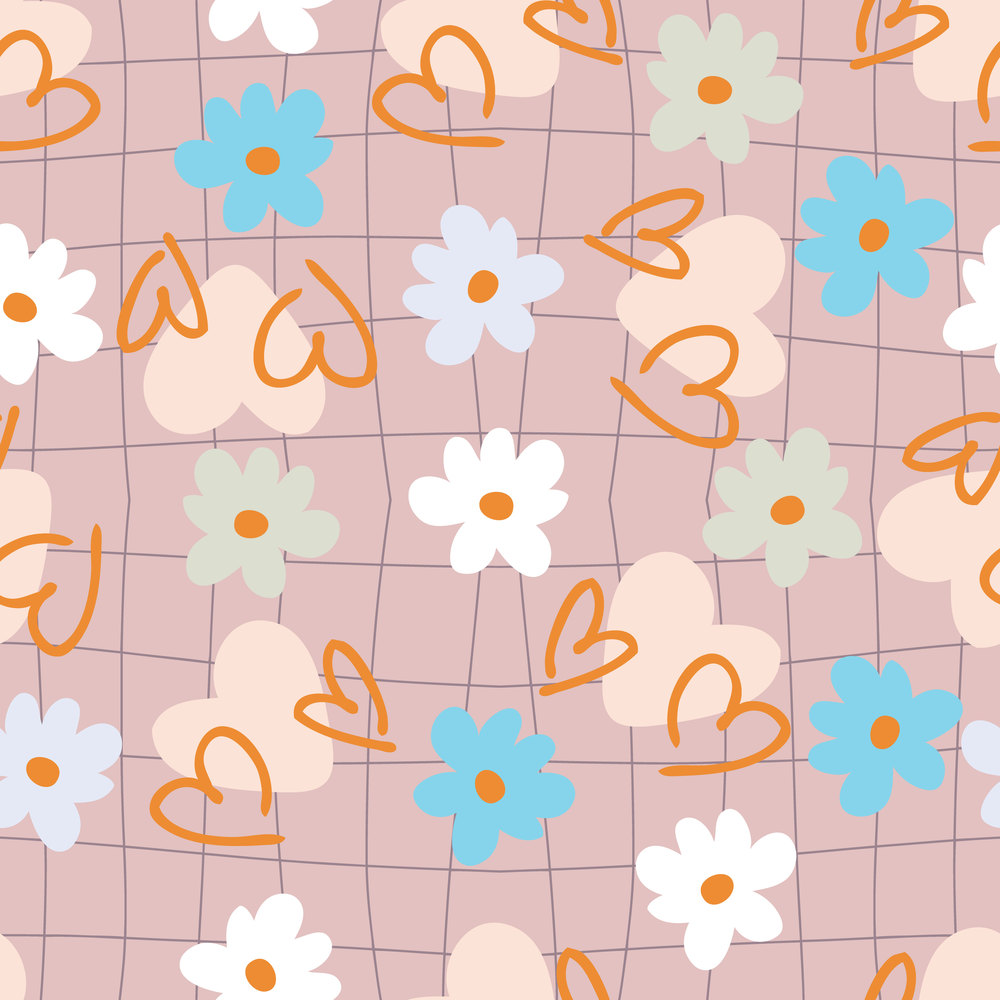Trippy grid seamless pattern with hearts and daisy flowers. Floral checkered print for fabric, paper, T-shirt. Romantic hippie aesthetic vector illustration for decor and design.