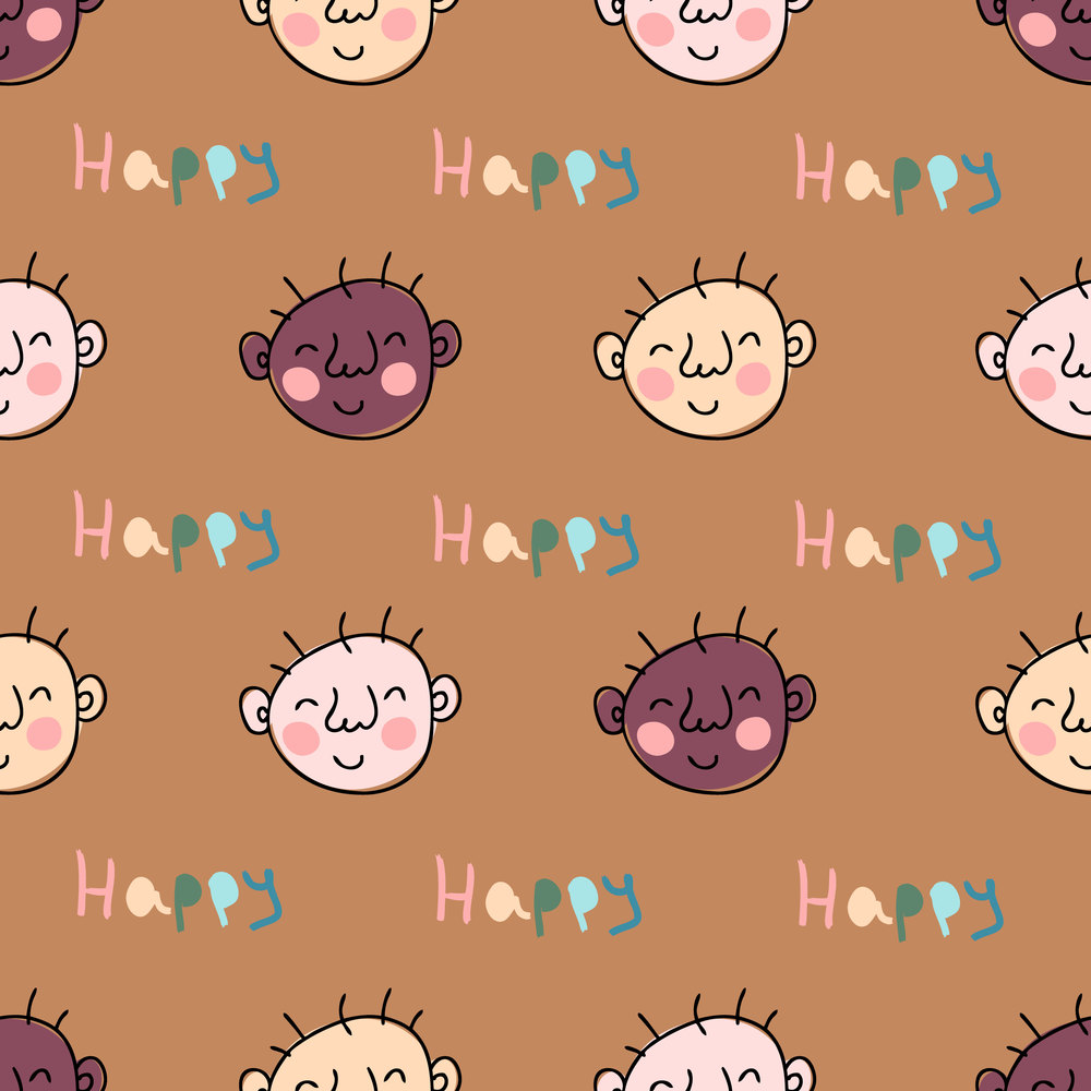 Colorful seamless pattern with doodle baby faces and text HAPPY. Cute background for textile, stationery, wrapping paper, covers. Hand drawn vector illustration for decor and design.