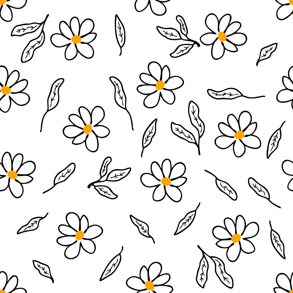 Doodle seamless pattern with simple flowers and leaves. Summer floral print for fabric, paper, stationery. Hand drawn vector illustration for decor and design.