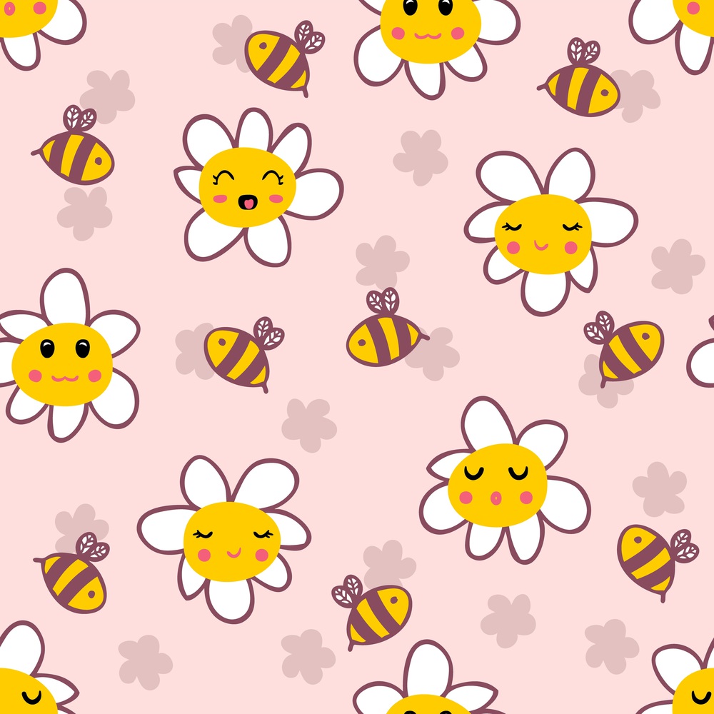 Groovy hippie aesthetic seamless pattern with daisies and honeybees. Funny simple characters print for nursery and baby fashion. Simple floral illustration for fabric, paper, stationery.