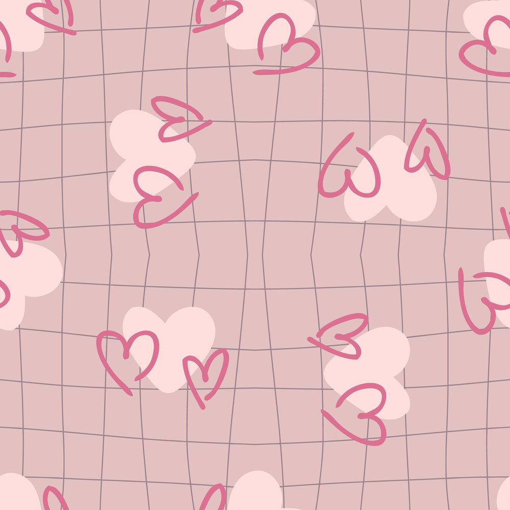 Trippy grid retro checkerboard seamless pattern with hearts. Checkered background with distorted squares. Funky doodle vector illustration for decor and design.