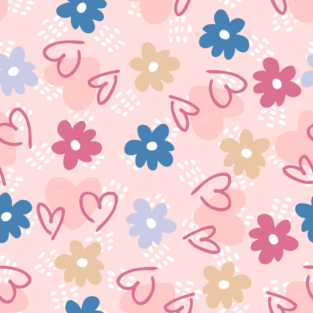 Summer seamless pattern with hearts and daisy on spotted background. Romantic hippie aesthetic print for fabric, paper, T-shirt. Doodle vector illustration for decor and design.
