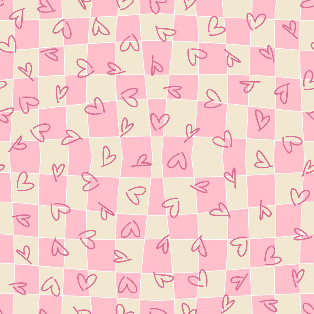 Checkered seamless background with simple hearts. Romantic groovy checkerboard pattern in 1970s style. Doodle vector illustration for decor and design.