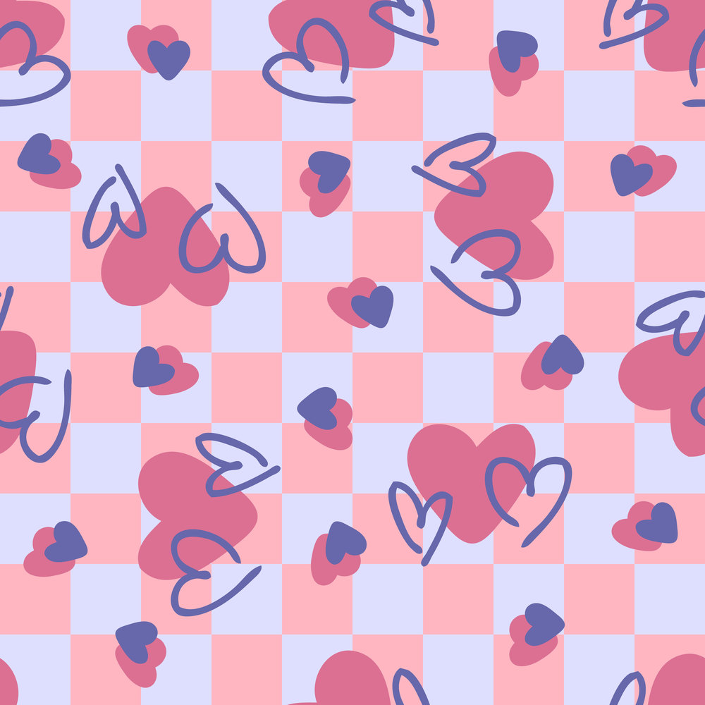 Checkered seamless background with hearts. Romantic groovy checkerboard pattern in 1970s style. Doodle vector illustration for decor and design.