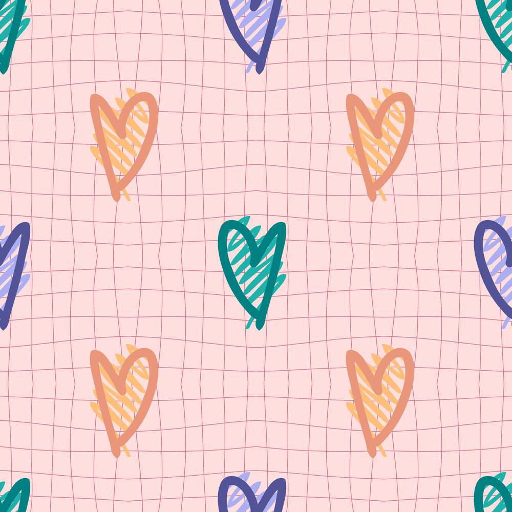 Hippie seamless pattern with grunge textured hearts on trippy grid background. Groovy print for fabric, paper, T-shirt. Doodle vector illustration for decor and design.