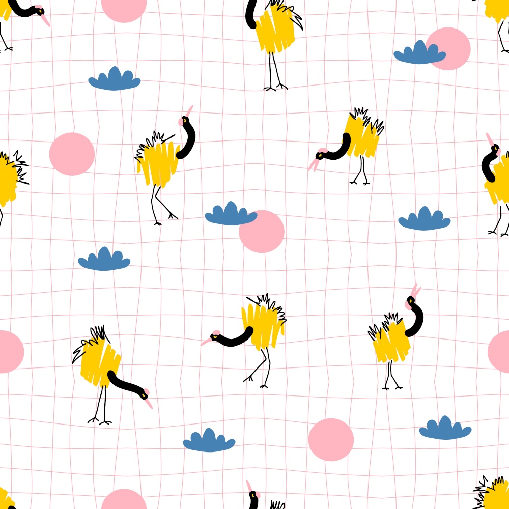 Groovy seamless pattern with cranes on grid distorted background. Hippie aesthetic print for fabric, paper, T-shirt. Doodle vector illustration for decor and design.