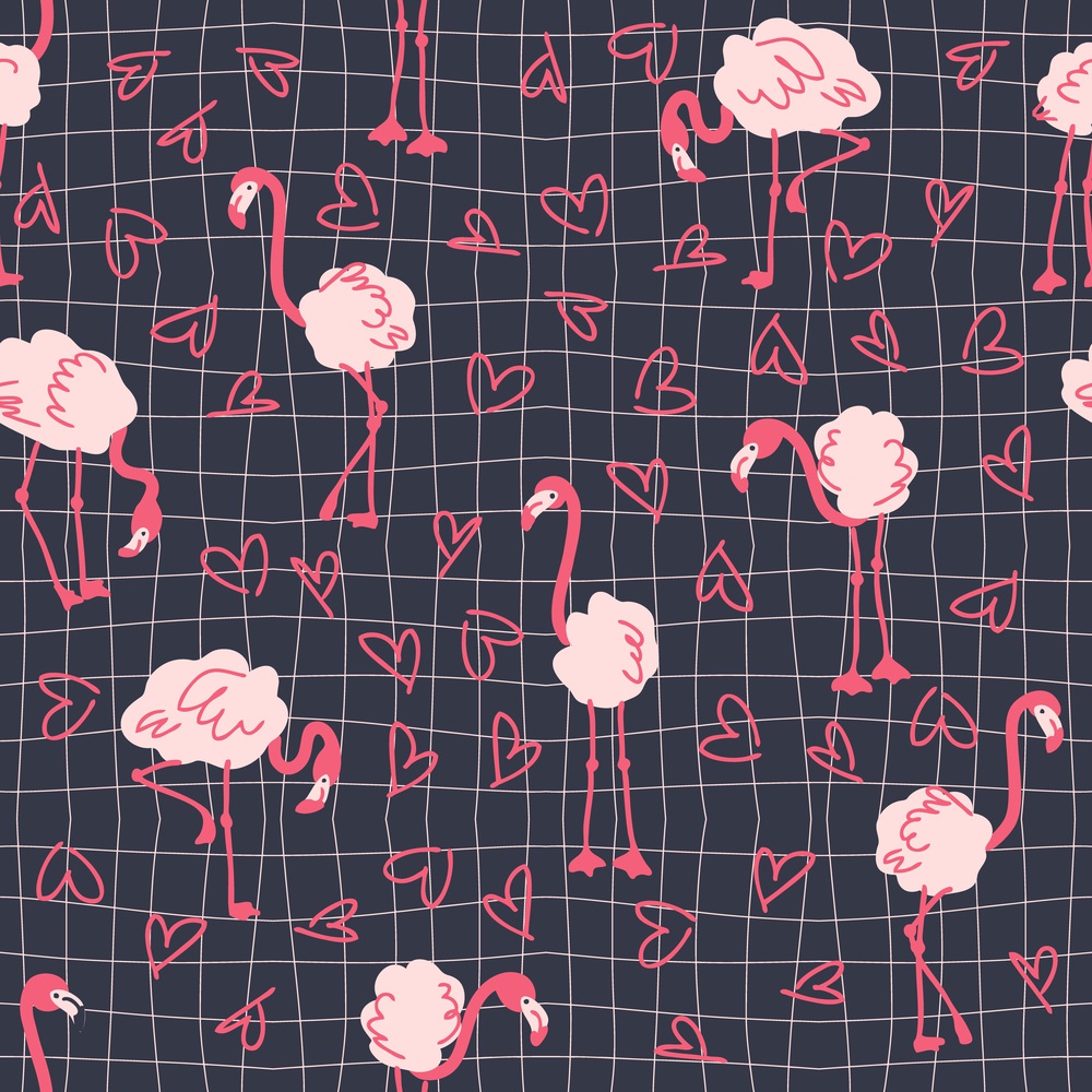 Seamless pattern with flamingo on trippy grid background with hearts. Romantic aesthetic print for fabric, paper, T-shirt. Groovy vector illustration for decor and design.