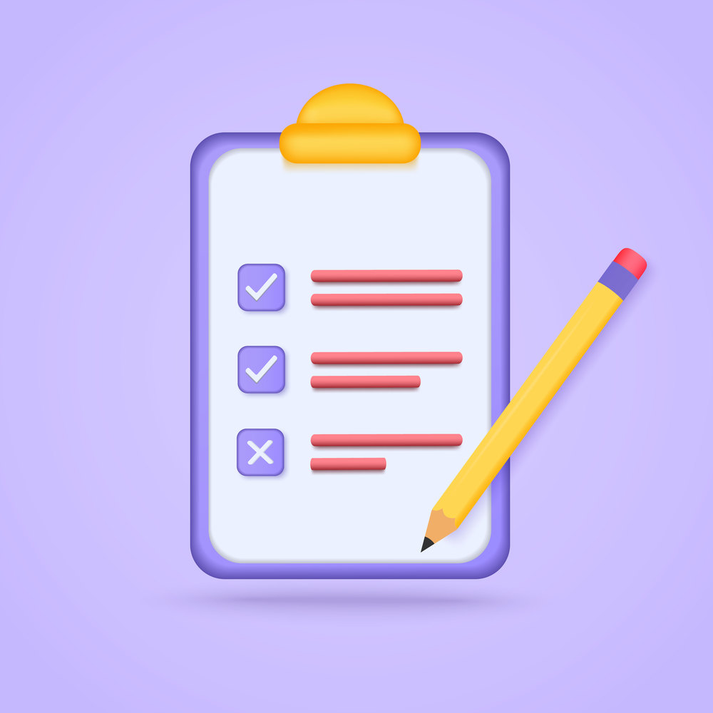 3d checklist with pencil on purple pastel background. Check work business. Minimal cartoon icon. Vector illustration