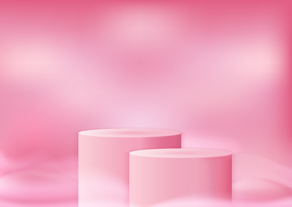 Display 3d abstract podium product pink. With light soft pink blur shape backdrop, promotional display design. Vector illustration