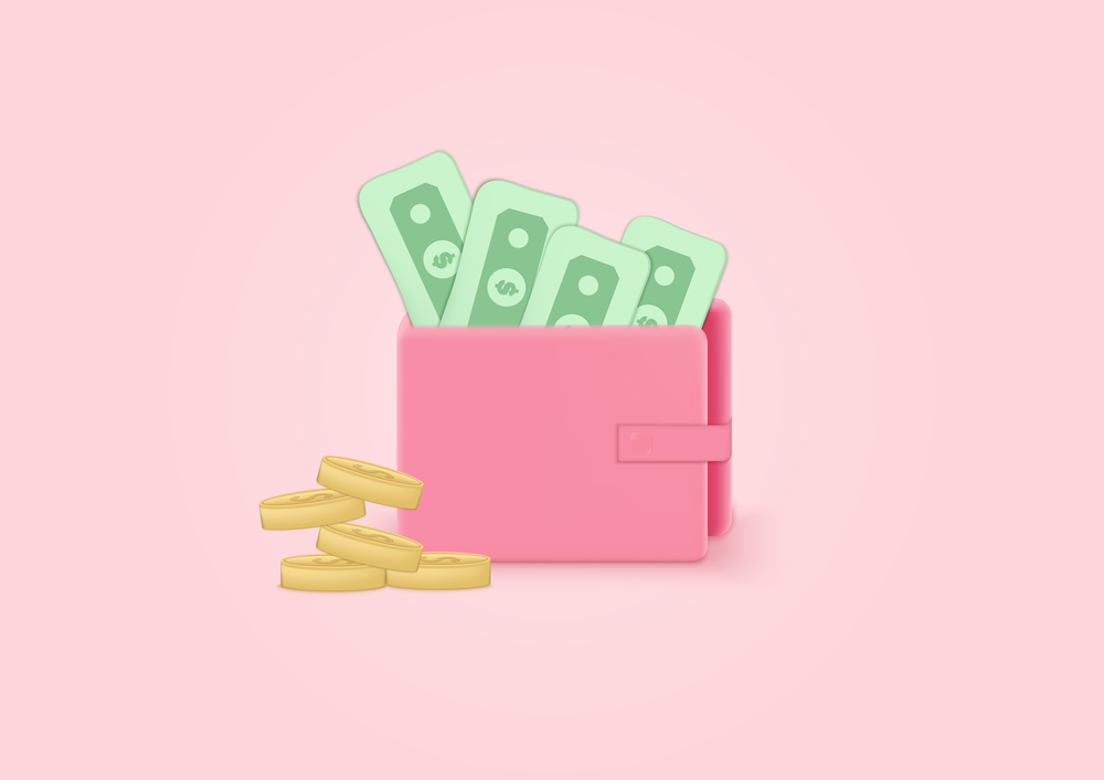 3d wallet, dollar bill and stack coins, on soft pink pastel background. Shopping online, sale, promotion, discount. Minimal cartoon icon. Vector illustration