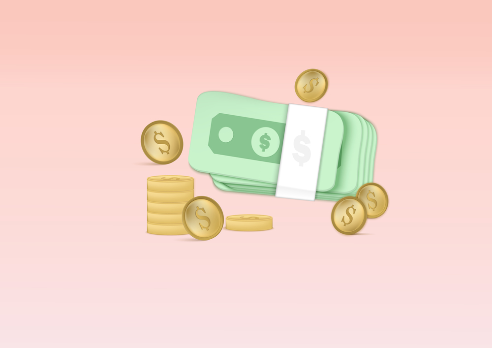 3d dollar bill and stack coins, on soft pink pastel background. Shopping online, sale, promotion, discount. Minimal cartoon icon. Vector illustration