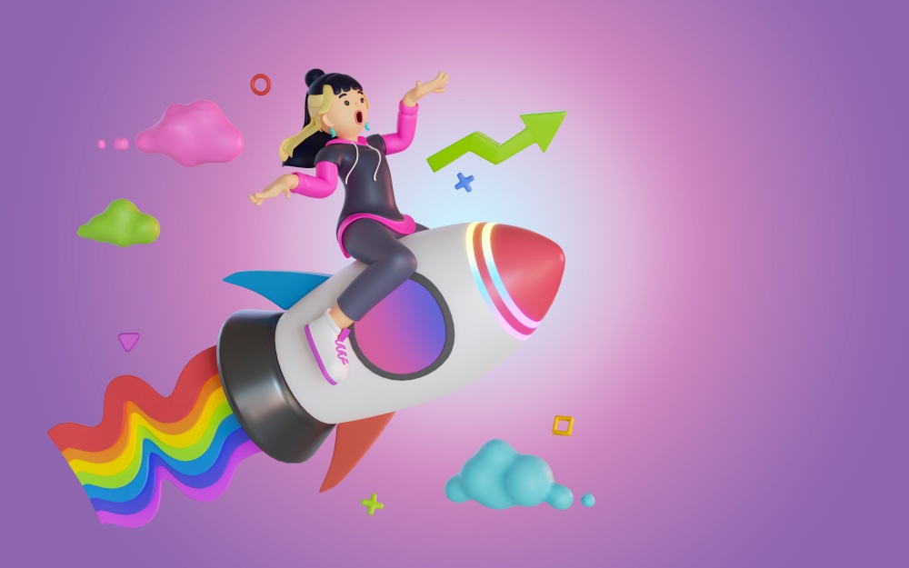 women riding a rocket up arrow graph 3D, Render, illustration