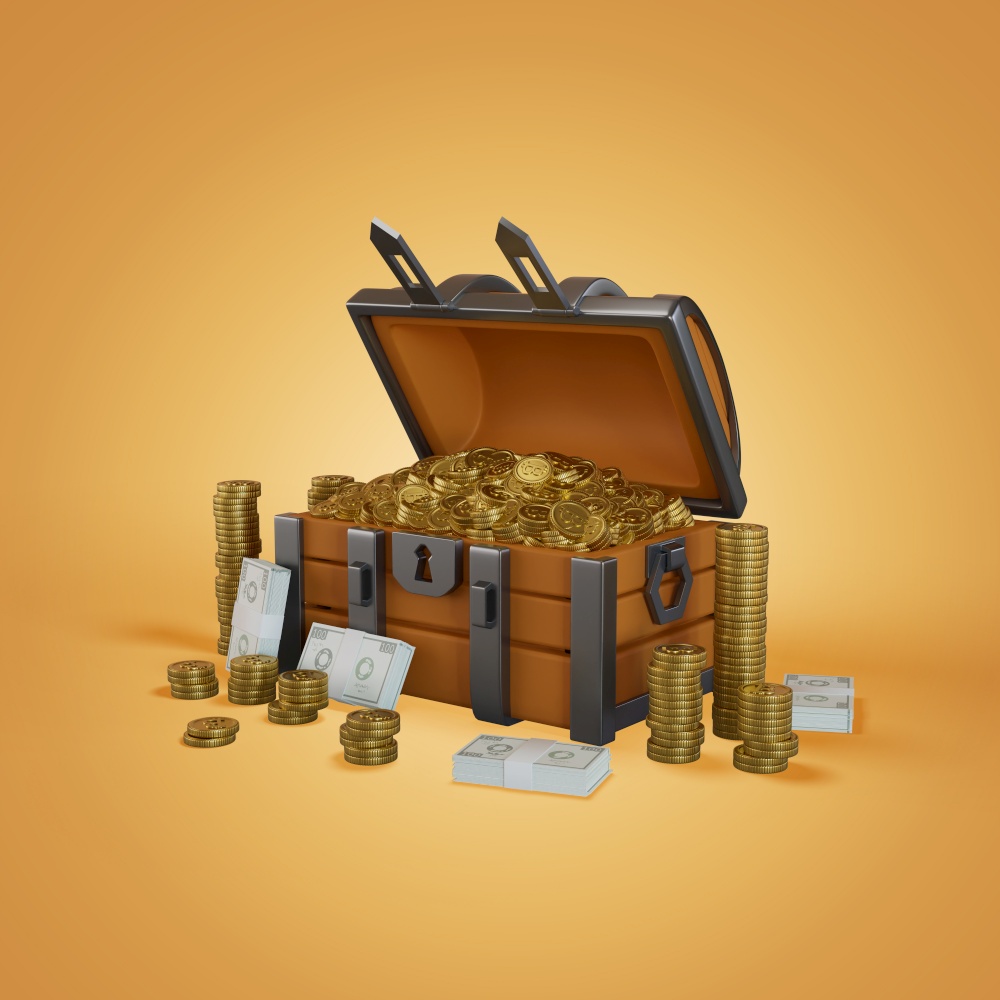 Medium crypto coin treasure box 3D, Render, illustration