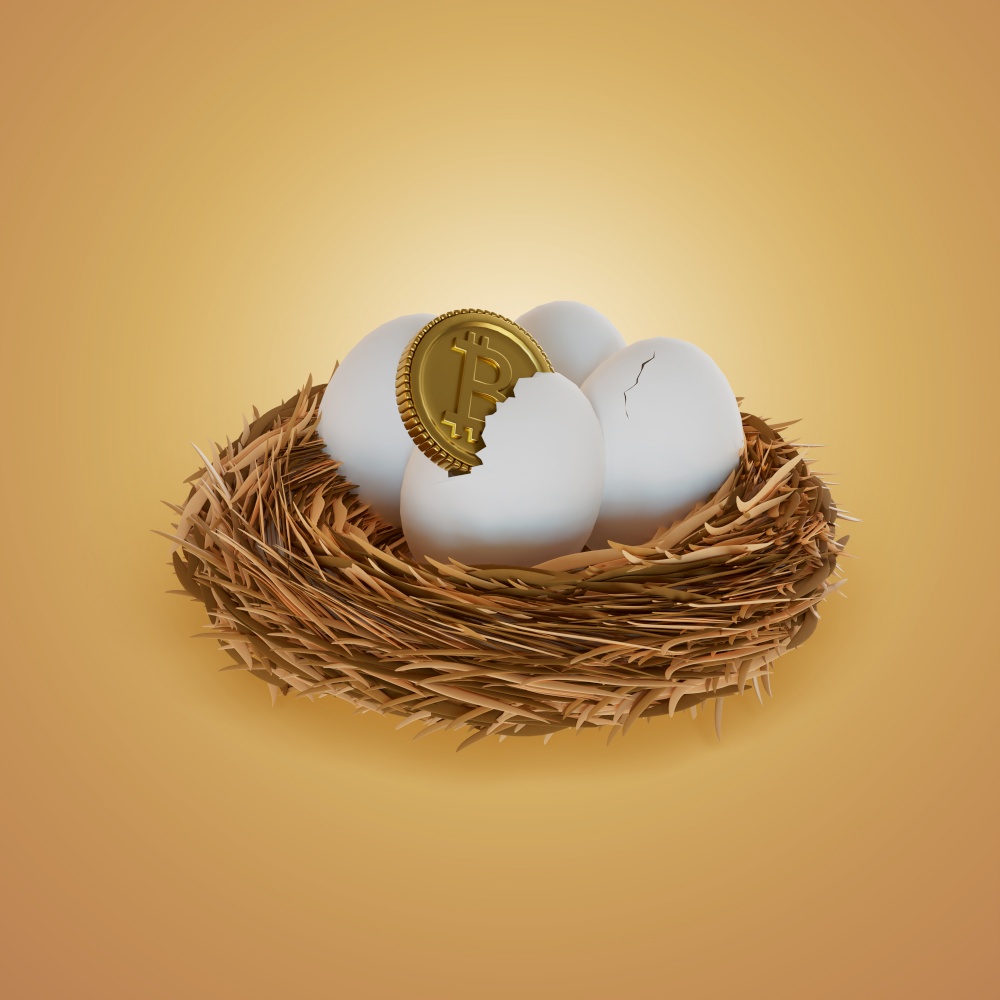Crypto Coins Cracked From Chicken Eggs In A Bird&rsquo;s Nest 3D, Render, illustration