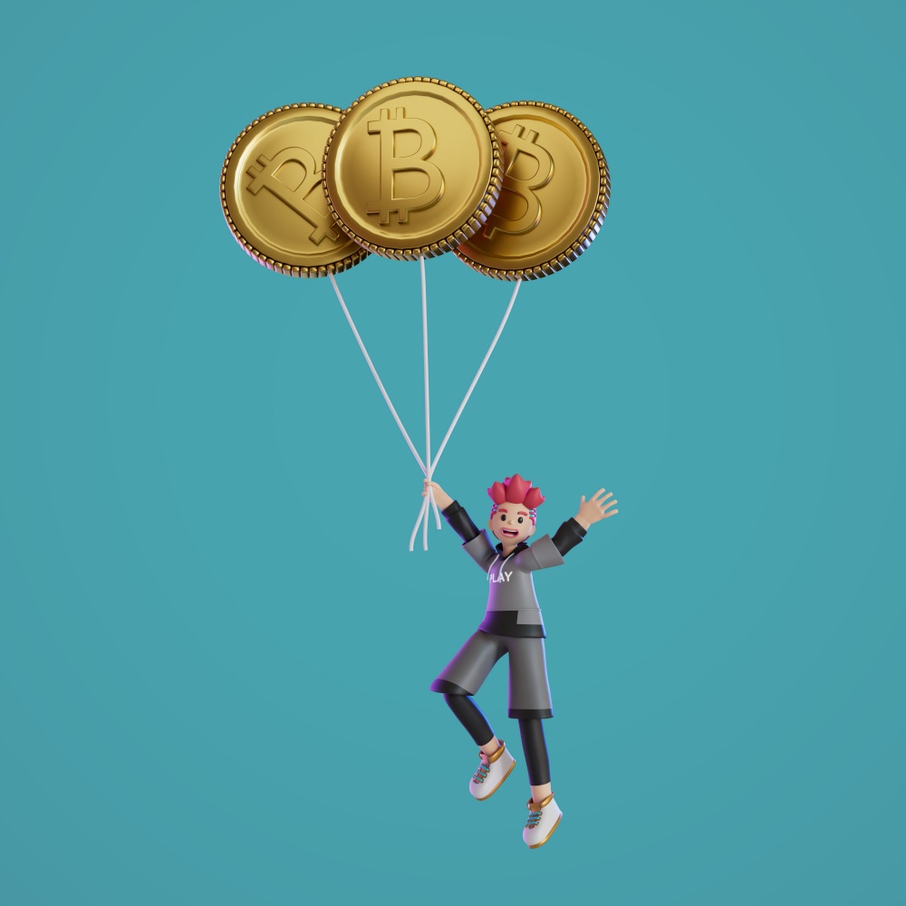 men holding crypto balloons soaring into the sky 3D, Render, illustration