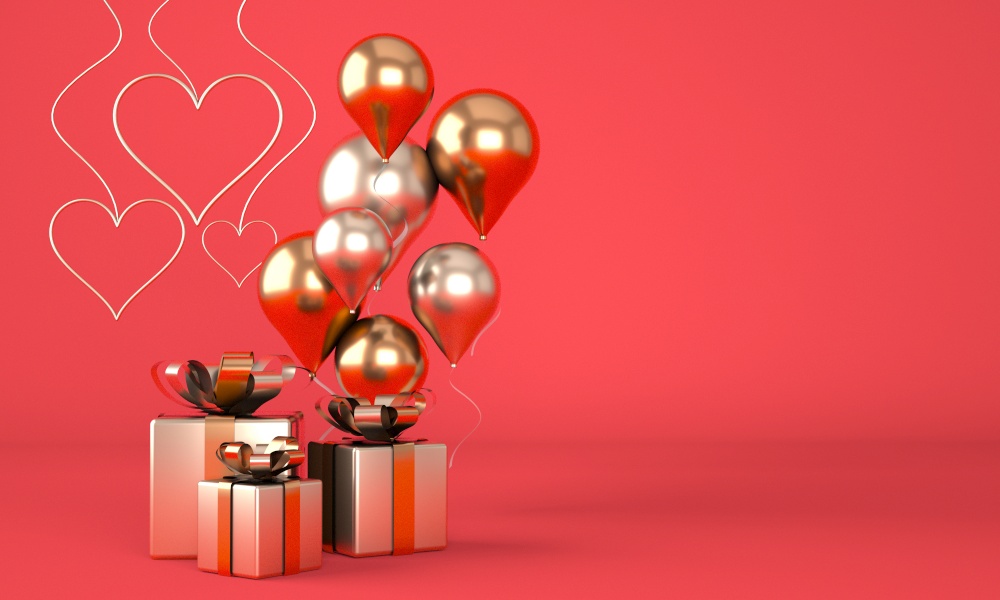 Valentine&rsquo;s Day. Background with realistic festive gifts box. Romantic present. Golden hearts. 3d render.. Valentine&rsquo;s Day. Background with realistic festive gifts box. Romantic present. Golden hearts. 3d.