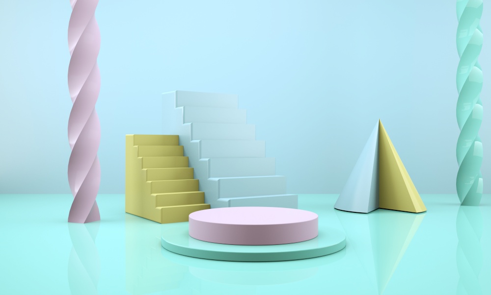 3d rendering studio with geometric shapes, podium on the floor. Platforms for product presentation, mock up. 3d abstract background, mock up scene geometry shape podium for product display, 3d illustration.