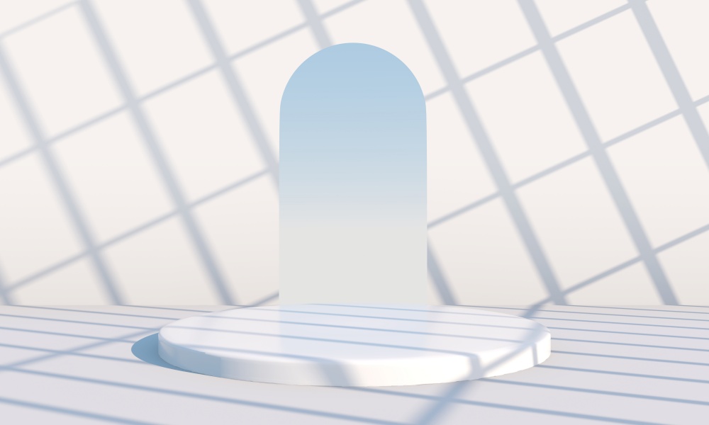 Minimal scene with geometrical forms, podiums in cream background with shadows. Scene to show cosmetic product, 3d. Minimal scene with geometrical forms, podiums in cream background with shadows. Scene to show cosmetic product, Showcase, shopfront, display case. 3d