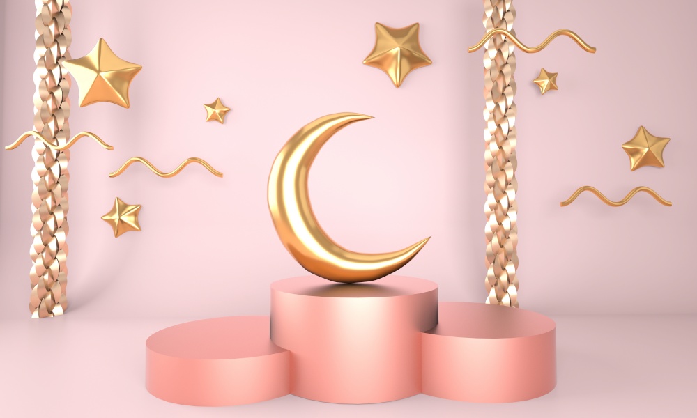 Ramadan Kareem greeting template with moon. Podium, stand on holiday light background for advertising products - 3d.. Ramadan Kareem greeting template with moon. Podium, stand on holiday light background for advertising products - 3d render illustration for cards, greetings.