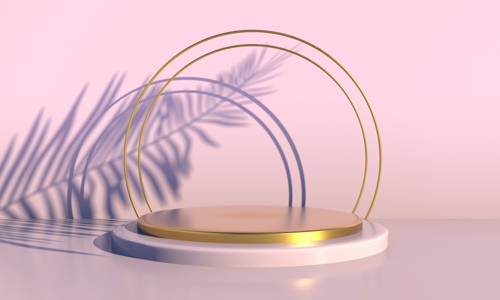 Podium with palm leaves on pastel background. Concept scene stage showcase for product, promotion, sale, banner, presentation, cosmetic. 3d. Podium with palm leaves on pastel background. Concept scene stage showcase for product, promotion, sale, banner, presentation, cosmetic. Minimal showcase empty mock up. 3d