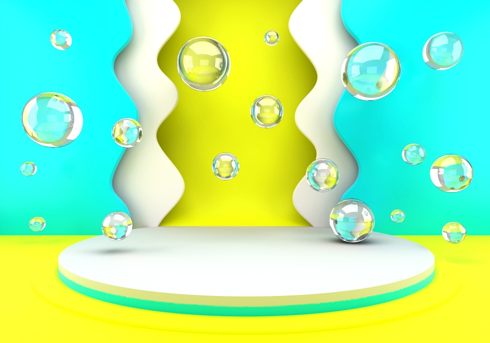 Podium with soap bubbles. Pastel gradients luxury podium for your design with paper waves. Fashion show stage,pedestal. Empty scene for mock up. 3d.. Podium with soap bubbles. Pastel gradients luxury podium for your design with paper waves. Fashion show stage,pedestal.