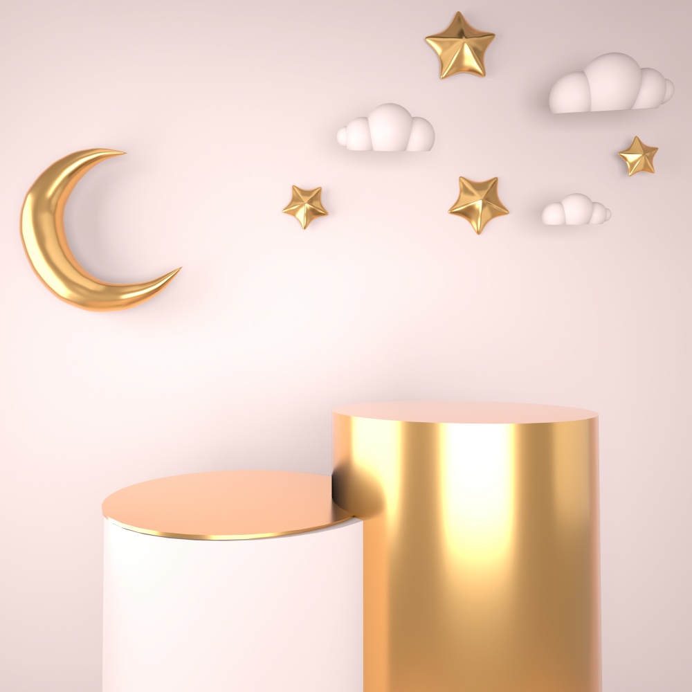 Ramadan Kareem greeting template with moon. Podium, stand on holiday light background for advertising products - 3d render.. Ramadan Kareem greeting template with moon. Podium, stand on holiday light background for advertising products - 3d render illustration for cards, greetings.