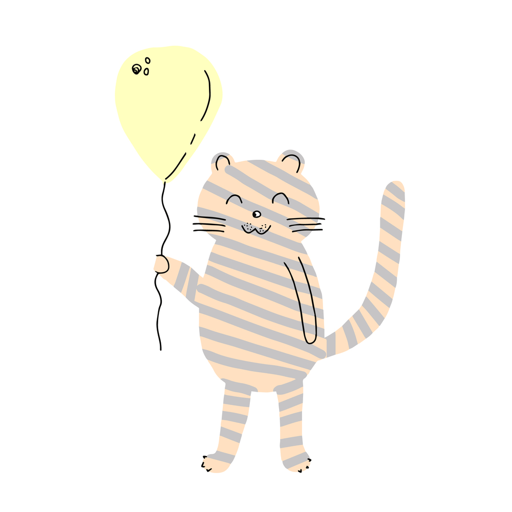 Hand drawn cute tiger floating with balloon cartoon mascot. Hand drawn cute tiger floating with balloon cartoon mascot, vector illustration.