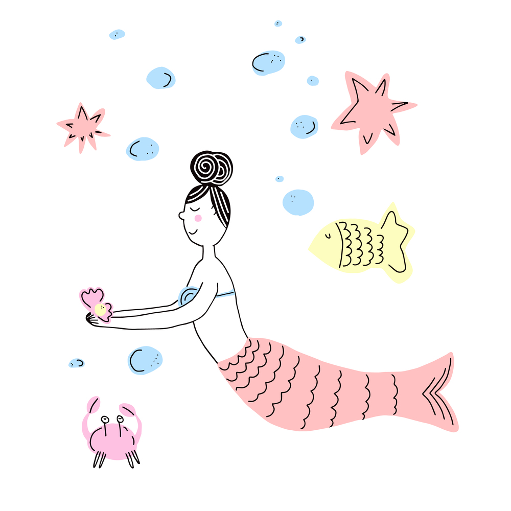 Cute little mermaid, doodle vector illustration. Cute little mermaid, doodle nursery illustration, vector