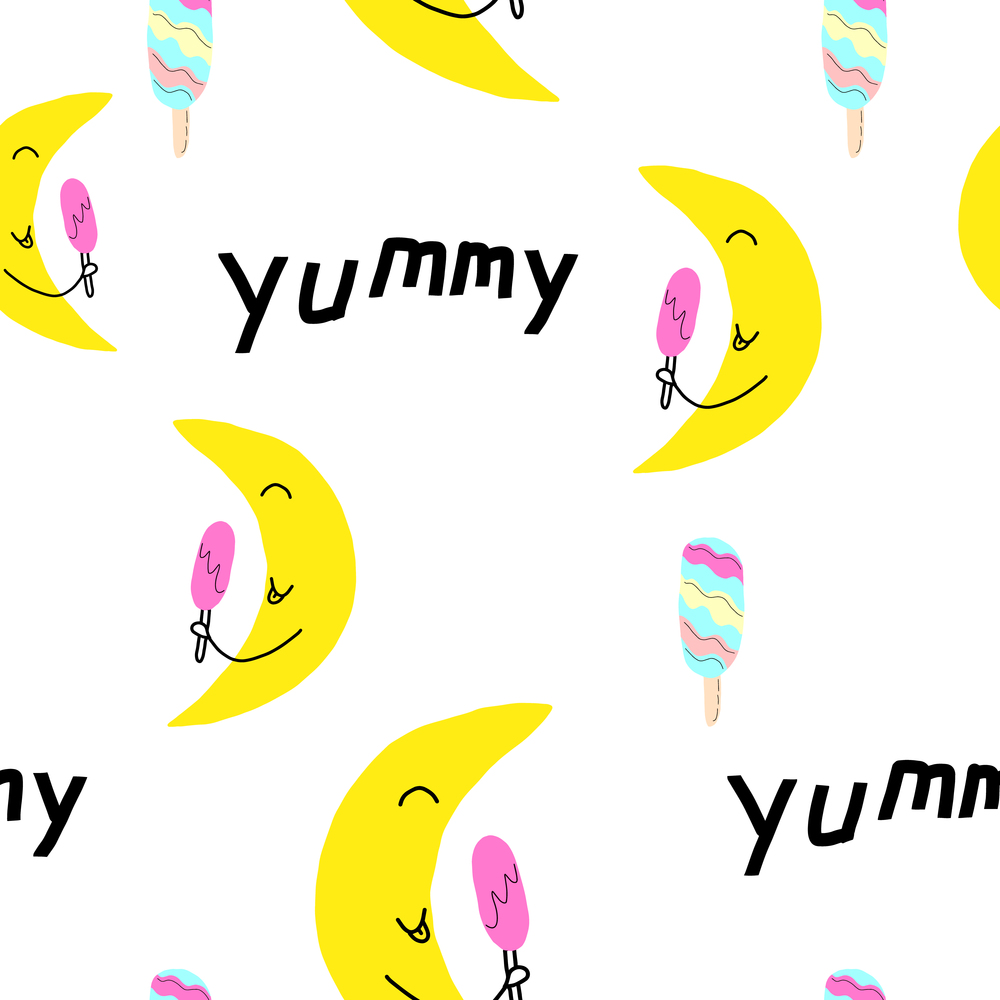 Cute pattern. Seamless vector design with smiling moon with ice-cream. Pattern for prints, posters, wrapping paper, backgrounds, wallpaper, scrapbooking, textile, kids fashion, stationary.. Cute pattern. Seamless vector design with smiling moon with ice-cream. Pattern for prints, posters, wrapping paper, backgrounds, wallpaper, scrapbooking, textile, kids fashion, stationary. Hand drawn.
