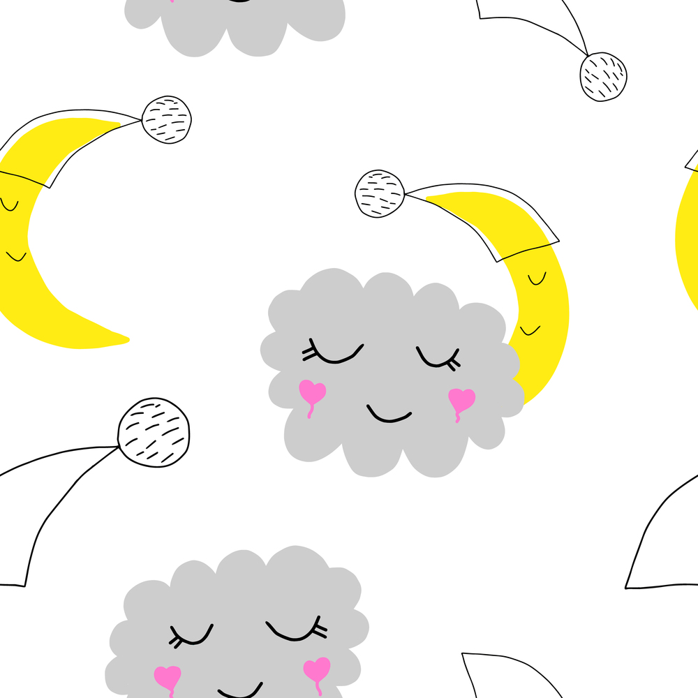 Cute sky pattern. Seamless vector design with smiling, sleeping moon and clouds. Pattern for kids.. Cute sky pattern. Seamless vector design with smiling, sleeping moon and clouds. Pattern for kids. Hand drawn.