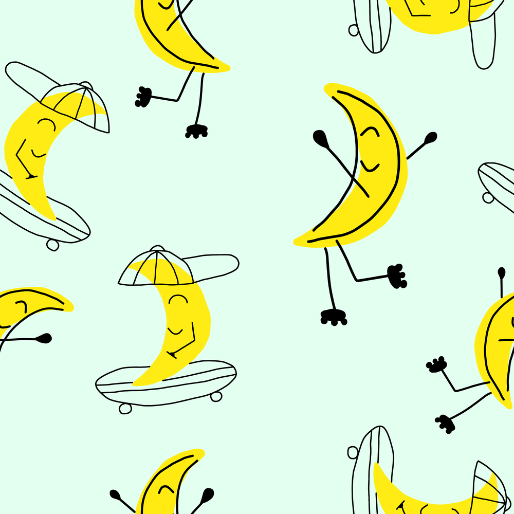 Cute pattern. Seamless vector design with smiling moon on skate and roller skates. Pattern for kids.. Cute pattern. Seamless vector design with smiling moon on skate and roller skates. Pattern for kids. Hand drawn.