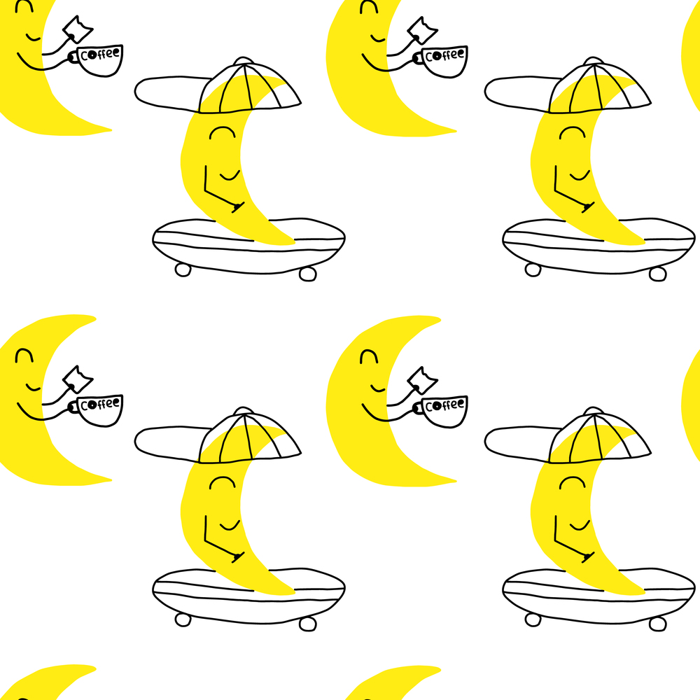 Cute pattern. Seamless vector design with smiling moon on skate. Pattern for kids.. Cute pattern. Seamless vector design with smiling moon on skate. Pattern for kids. Hand drawn.
