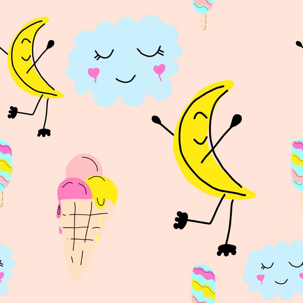 Cute summer pattern. Seamless vector design with smiling moon on roller skates and ice-cream. Pattern for kids.. Cute summer pattern. Seamless vector design with smiling moon on roller skates and ice-cream. Pattern for kids. Hand drawn.