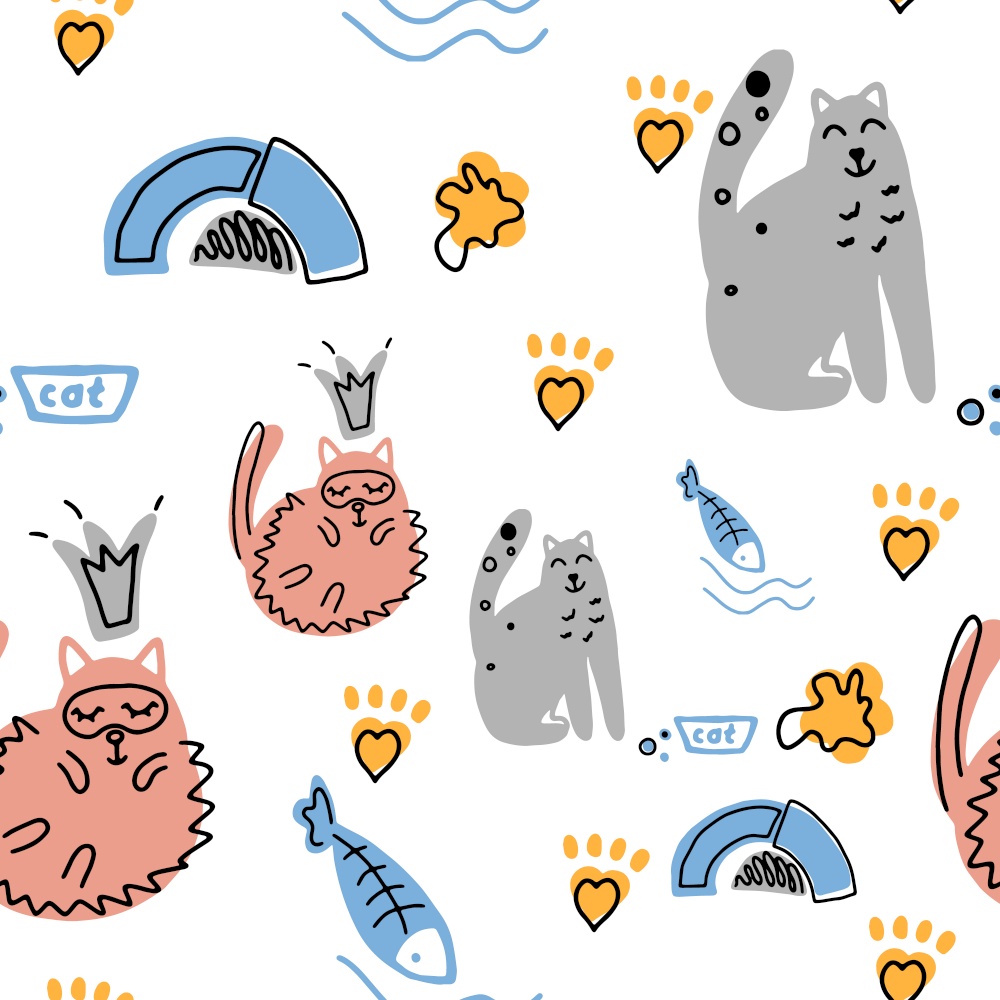 Seamless pattern with funny cats. Vector illustration. It can be print and used as wallpaper, packaging, wrapping paper, fabric and etc.. Seamless pattern with cute funny cats. Vector illustration. It can be print and used as wallpaper, packaging, wrapping paper, fabric and etc.