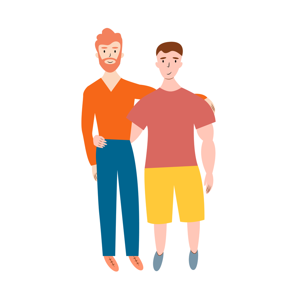 Happy gay couple family standing together. Two man homosexual in casual clothing hugging each other. Isolated on white background. Vector.. Happy gay couple family standing together. Two man homosexual in casual clothing hugging each other. Isolated on white background. Vector illustration.