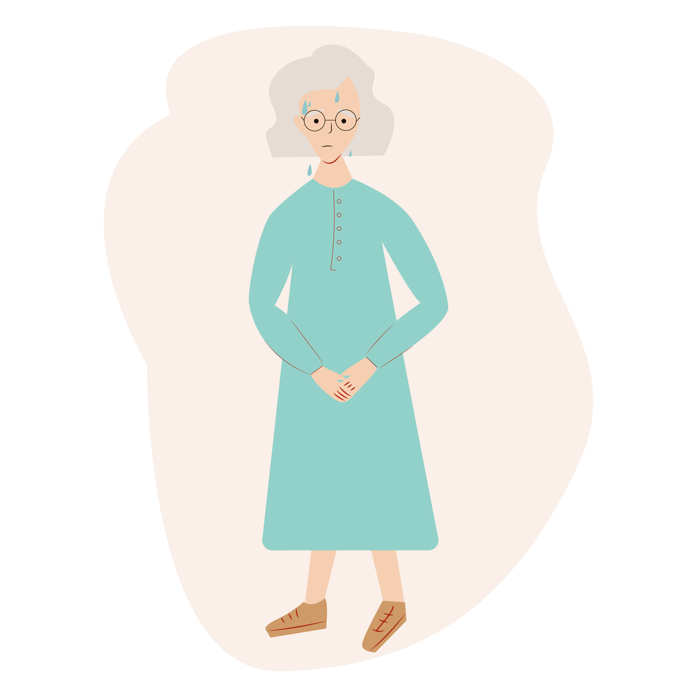 Urinary incontinence problem. Elderly women wants to pee. The old women feels pain in his groin. Experiencing pain. Flat vector.. Urinary incontinence problem. Elderly women wants to pee. The old women feels pain in his groin. Experiencing pain. Flat vector illustration.