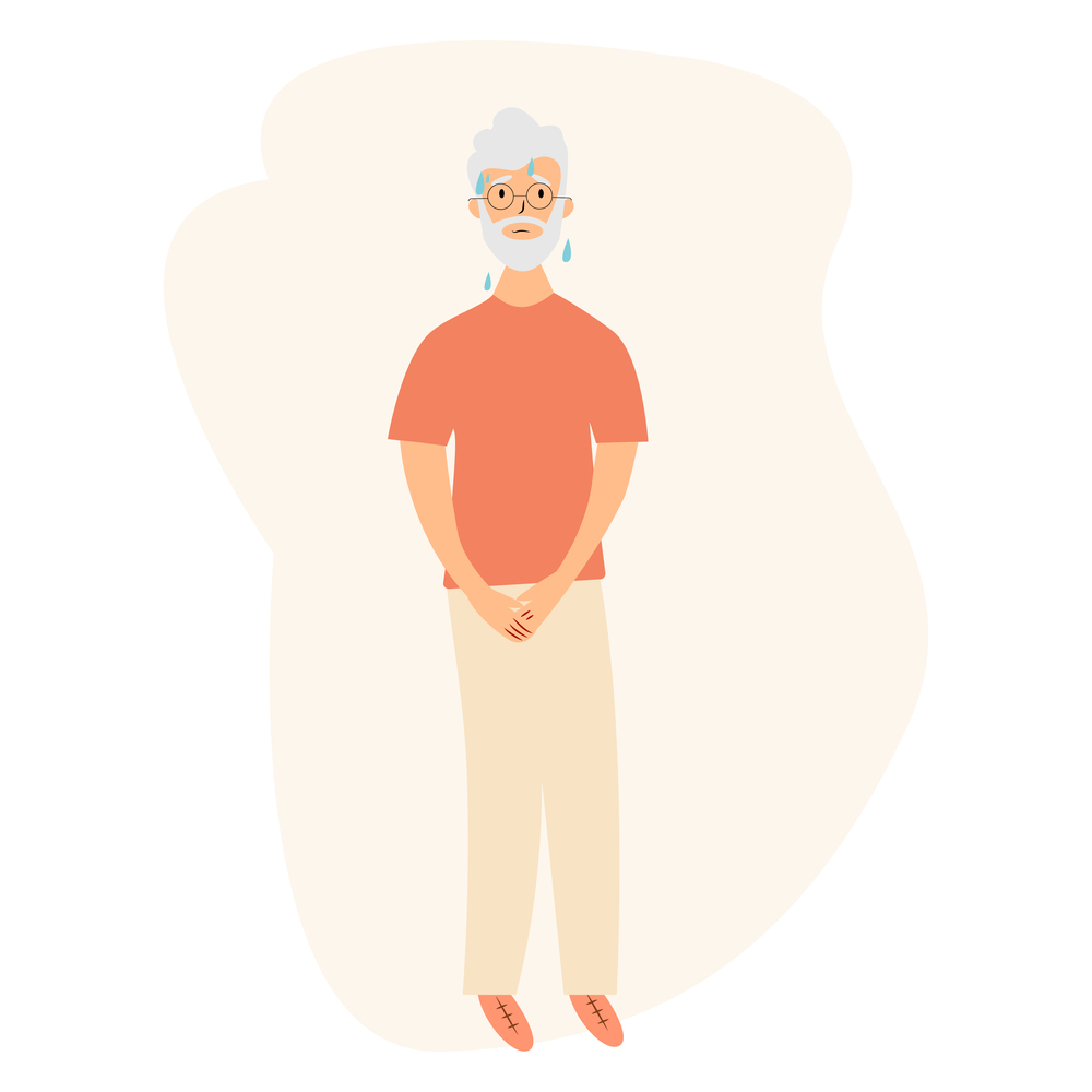 Urinary incontinence problem. Elderly men wants to pee. The old men feels pain in his groin. Experiencing pain. Vector illustration.. Urinary incontinence problem. Elderly men wants to pee. The old men feels pain in his groin. Experiencing pain. Flat vector illustration.