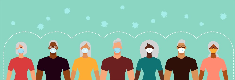 Diverse people crowd in protective face masks during the epidemic. Social distance, quarantine concept. Flat design vector illustration.