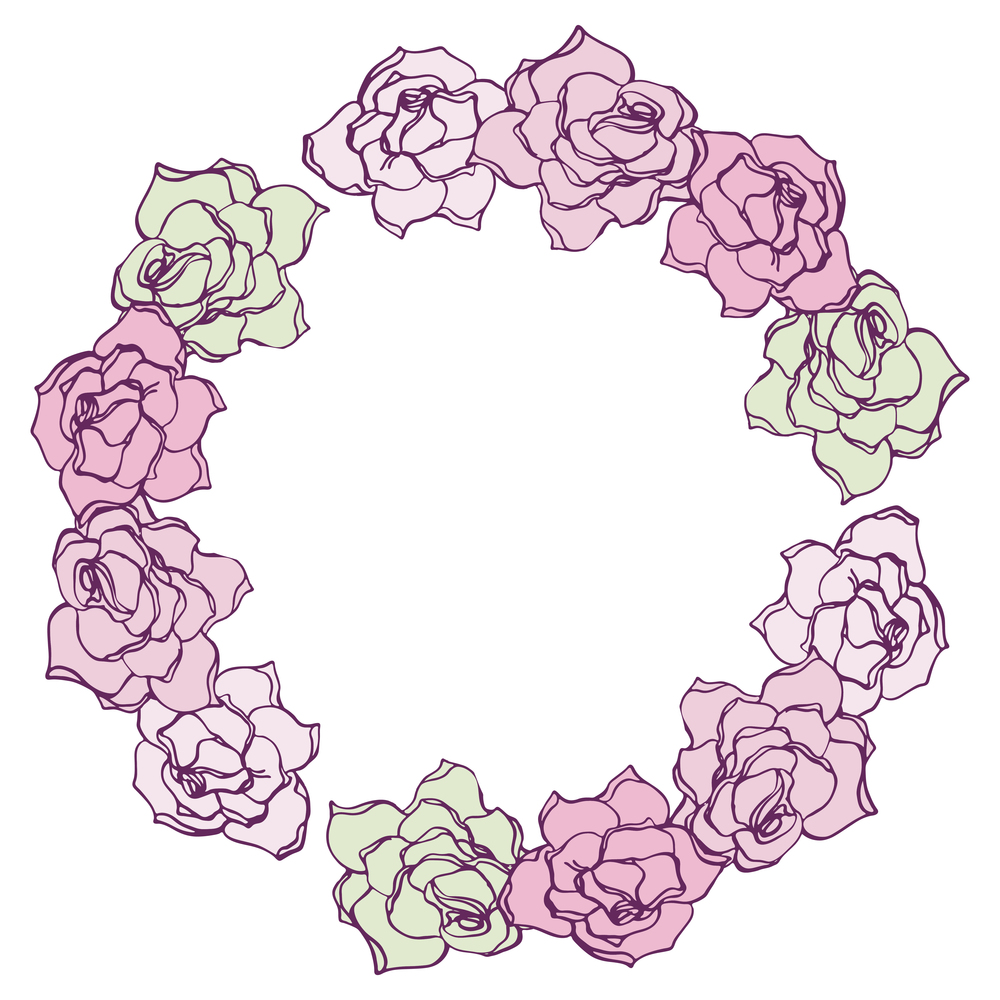 Pink roses round frame hand drawn vector isolated.. Pink roses round frame hand drawn vector
