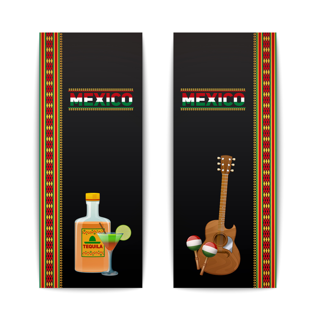 Mexican banners vertical set with tequila cocktail maraca and guitar isolated vector illustration. Mexican Banners Vertical