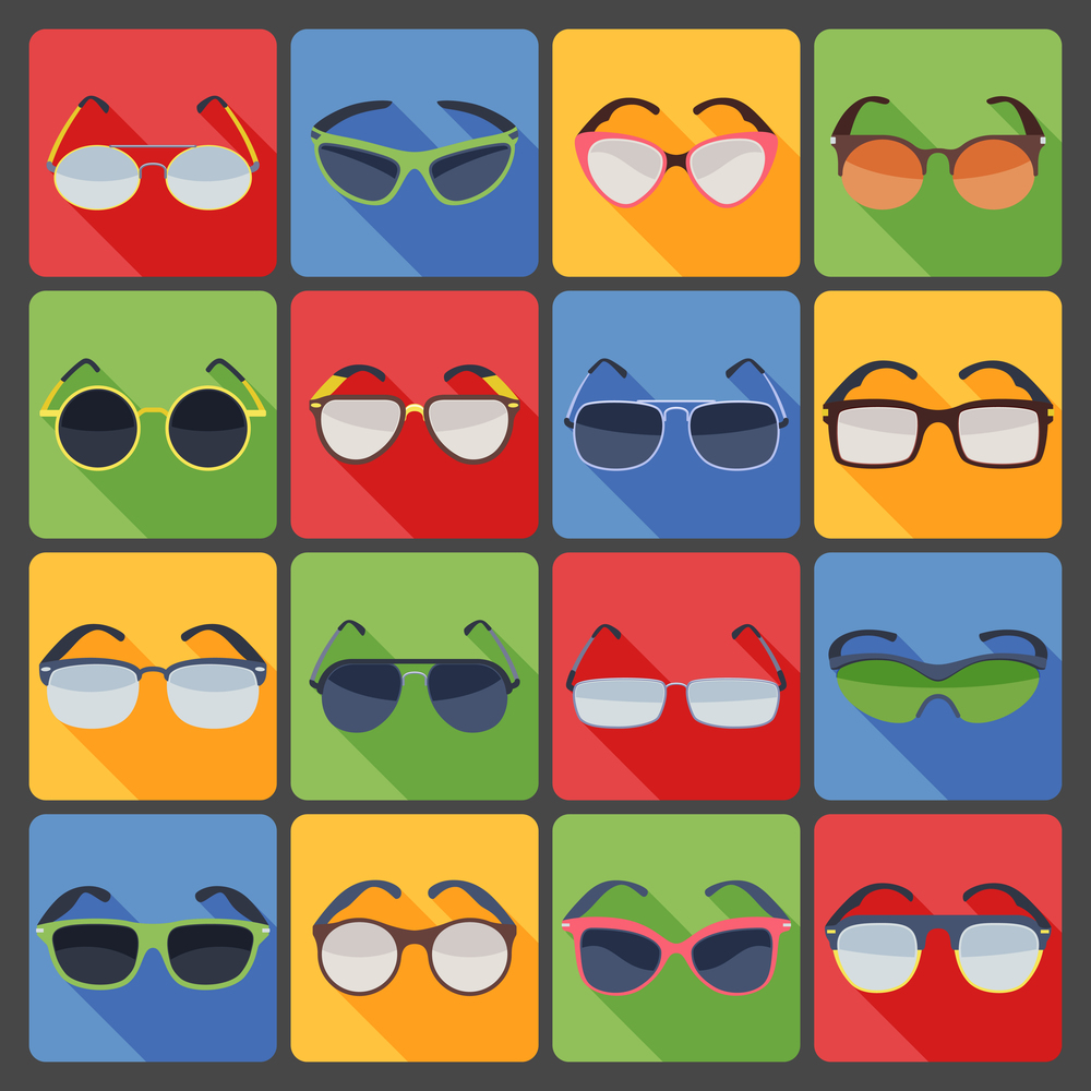 Various trendy frame shapes modern summer sunglasses flat icons set bright colorful abstract isolated vector illustration. Sunglasses glasses fashion flat icons set