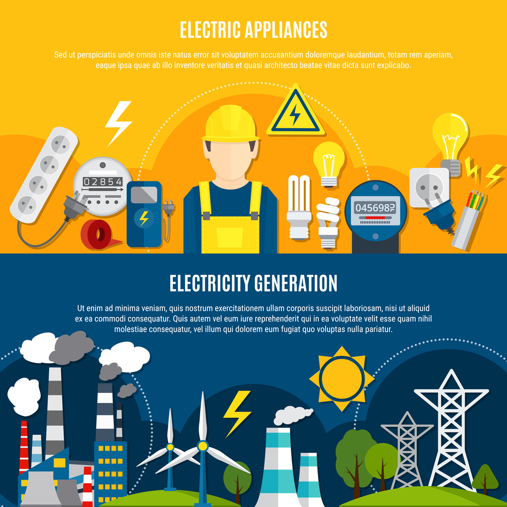 Horizontal flat banners with electric appliances and power generation on blue and yellow background isolated vector illustration . Electric Appliances And Power Generation Banners