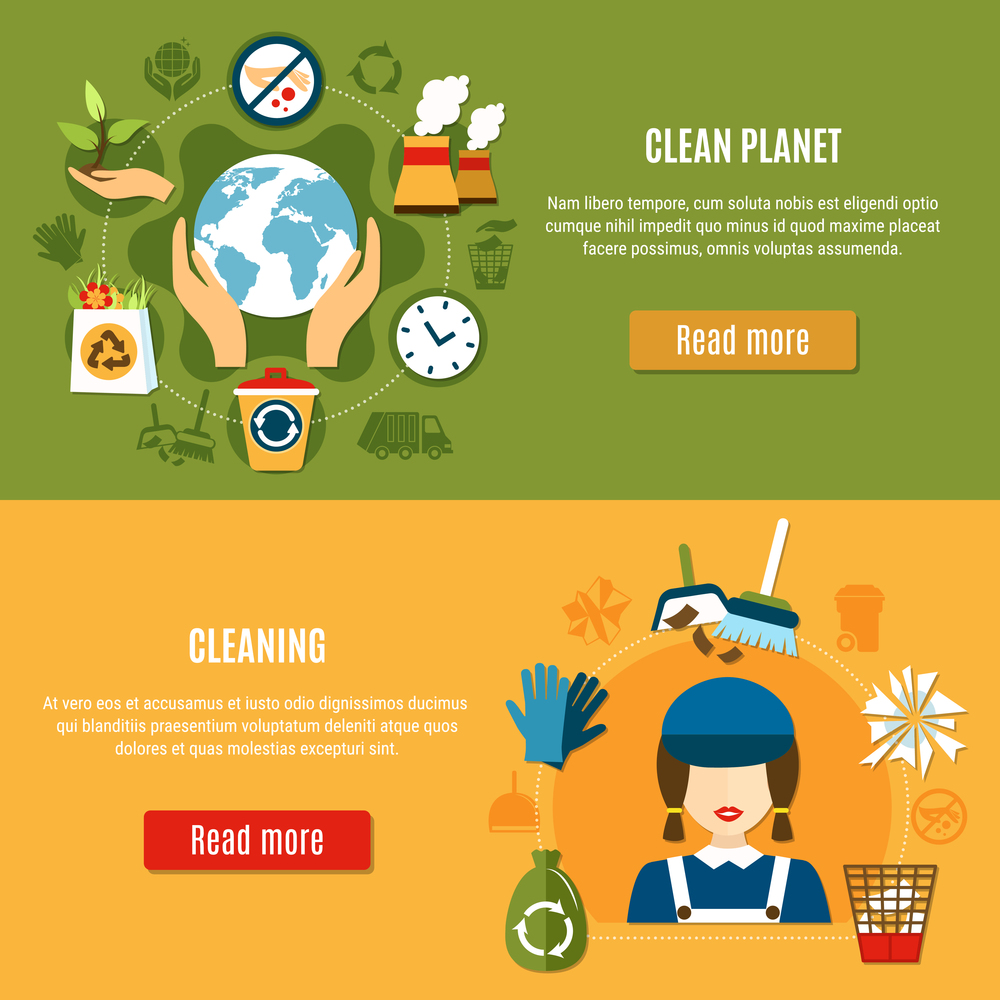 Set of two horizontal garbage banners with cleaning icons and recycling pictograms with read more buttons vector illustration. Green Planet Cleaning Banners